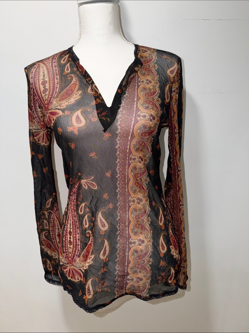 VTG Kenneth Cole Sheer Paisley Blouse XS Y2K 90s Hippie Boho Festival Whimsigoth